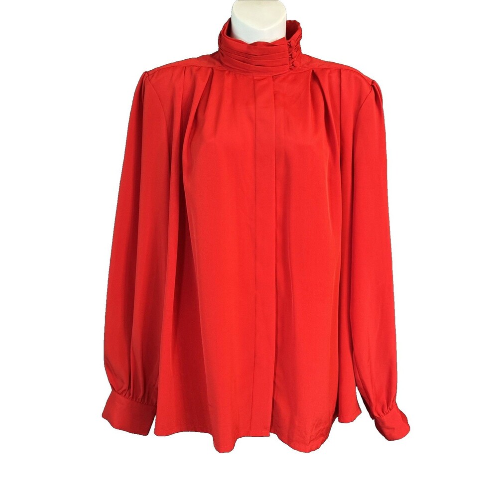 80s Yves St Clair High Neck Pleated Blouse Sz 14 Red Victorian Romance Secretary